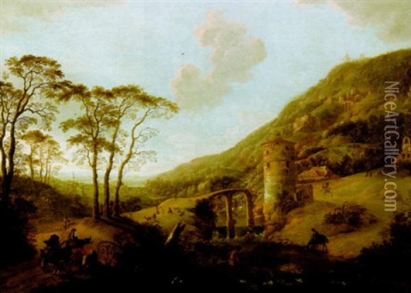 An Extensive Wooded River Landscape With A Stone Bridge And Travellers Oil Painting - Cornelis Matteus