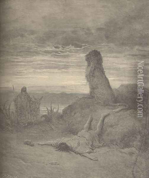 The Prophet Slain By A Lion Oil Painting - Gustave Dore