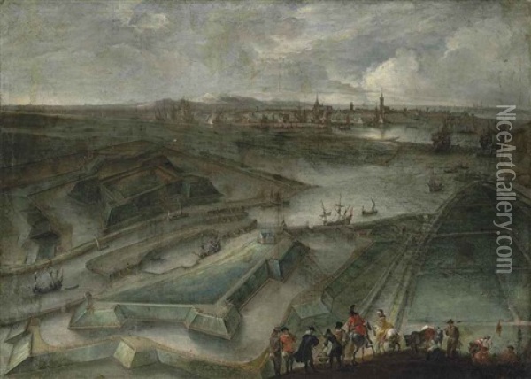 A View Of Ostend, With The Fort Saint Philippe And The Slijkens Sluice, Figures In The Foreground And The Flag Of Flanders Oil Painting - Hendrich van Minderhout