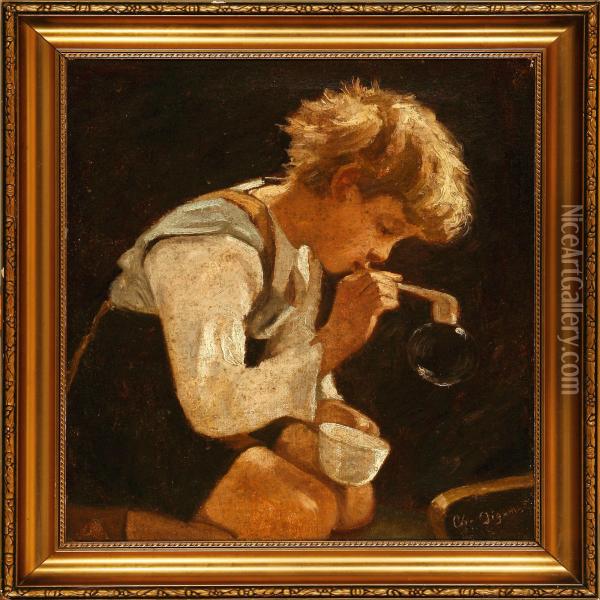 A Boy Blowing Soap Bobles Oil Painting - Christian Aigens