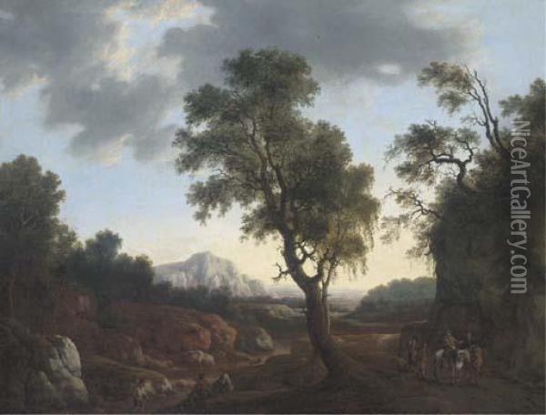 Figures By A Stream And Travellers On A Track In A Woodedlandscape Oil Painting - Thomas Roberts