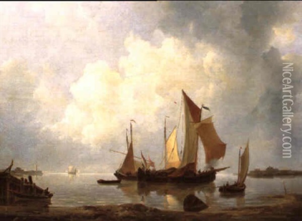 Bateaux Sur Mer Calme, Pres Du Rivage Oil Painting - Johannes Christiaan Schotel