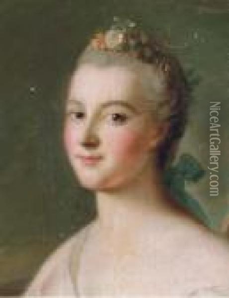 Portrait Of A Lady, Bust-length, With Flowers And A Blue Ribbon In Her Hair Oil Painting - Jean-Marc Nattier