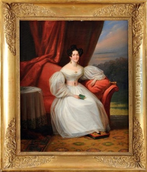 Portrait De La Soeur De Madame P.a. Godart Desmaret Devant Le Chateau De Baccarat Oil Painting - Edouard Henri Theophile Pingret