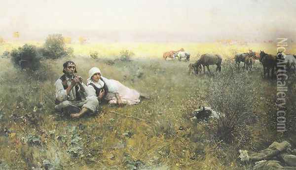 Shepherd's Tune Oil Painting - Alfred Wierusz-Kowalski