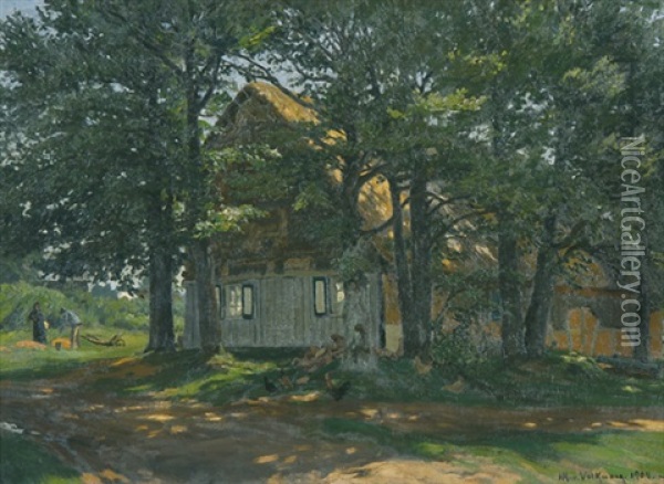 Von Baumen Umgebenes Bauernhaus In Der Eifel Oil Painting - Hans Richard Von Volkmann