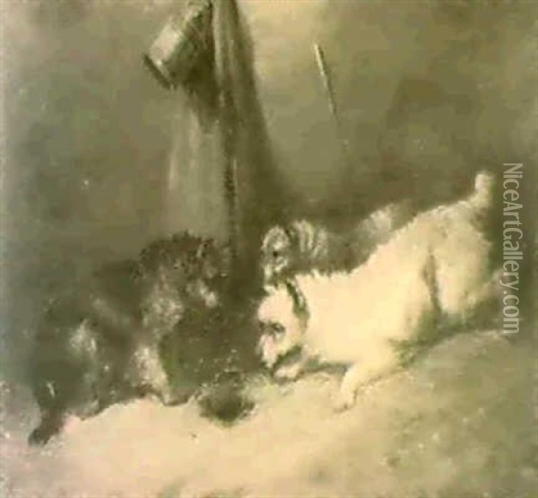 Terriers Ratting In An Interior Oil Painting - George Armfield