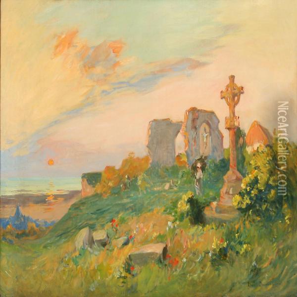 Landscape From Brittany At Sunset Oil Painting - Louis Dumoulin