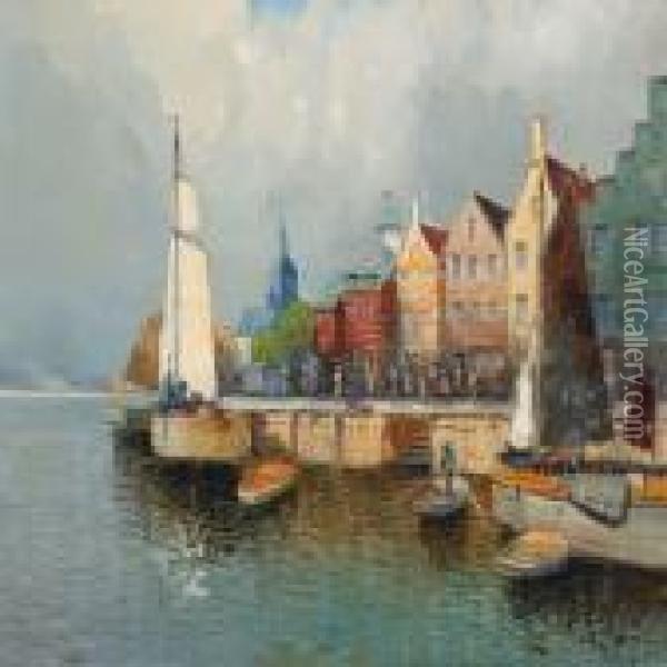 Dutch City With Canal And Boats Oil Painting - Karl Kaufmann