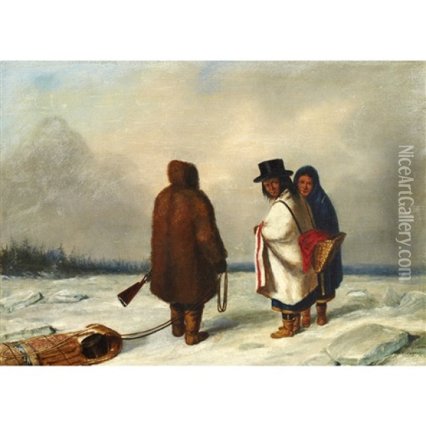 Caughnawaga Indians, Winter Oil Painting - Cornelius David Krieghoff