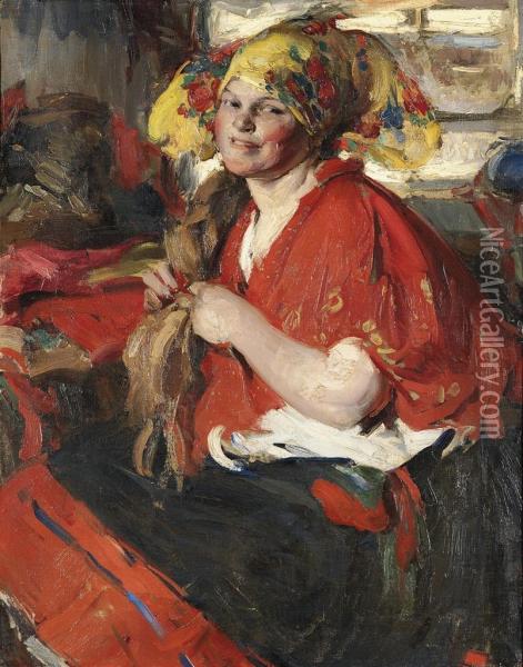 A Peasant Woman In A Red Shawl Oil Painting - Abram Efimovich Arkhipov