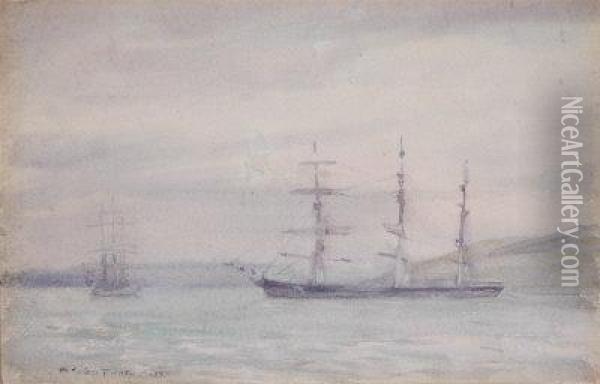 Two Ships At Anchor. Oil Painting - Henry Scott Tuke