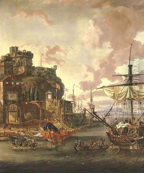 A capriccio of a Mediterranean port with with men-o'-war and figures in rowing boats Oil Painting - Abraham Storck