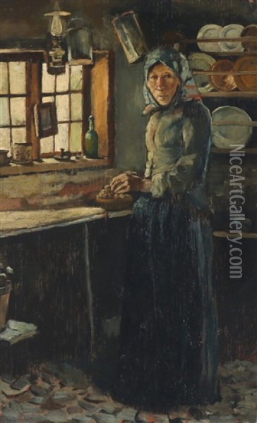 Interior With A Fisherman's Wife By The Kitchen Window Oil Painting - Christian Krohg