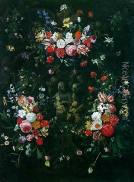 La Sainte Famille Avec Saint-jean Baptiste Et Sainte-anne Entouree D'une Guirlande De Fleurs Oil Painting - Erasmus Quellinus II