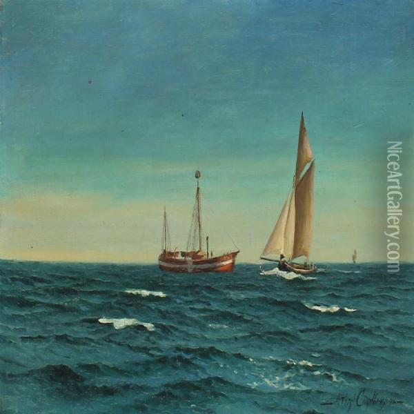 Seascape With Lightship And Sailing Ships Oil Painting - Andreas Christian Riis Carstensen