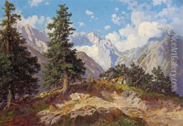 Hollental Bei Kreuzeck Mit Blick Auf Die Zugspitze Oil Painting - Hans Frahm