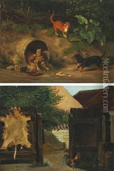 Landscape With Playing Cat And Dogs And An Yard With Hens (2 Works) Oil Painting - Carl Henrik Bogh