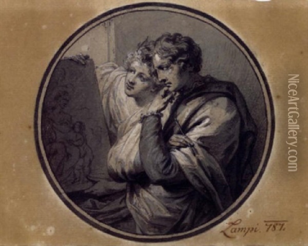A Painter Studying His Work, His Model Beside Him Oil Painting - Johann Baptist Lampi the Elder