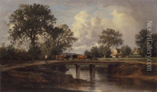 Le Troupeau Sur Le Pont Oil Painting - Nicolas Louis Cabat