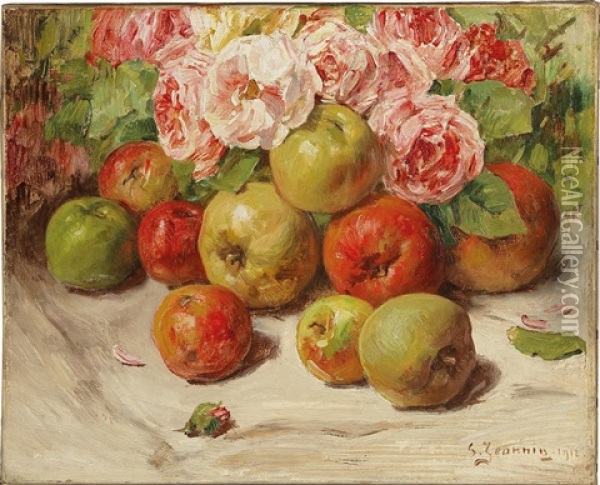 Roses And Apples Oil Painting - Georges Jeannin
