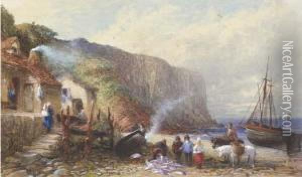 A Coastal Hamlet With Figures Selling Fish On The Foreshore Oil Painting - Samuel Austin