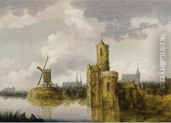 A River Landscape With A Fortified Tower And A Windmill, A View Of A Town With Churches In The Background Oil Painting - Pieter Segaer