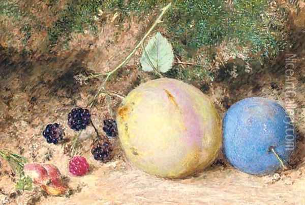 Still-life of rosehips, blackberries and plums, on a mossy bank Oil Painting - William Henry Hunt