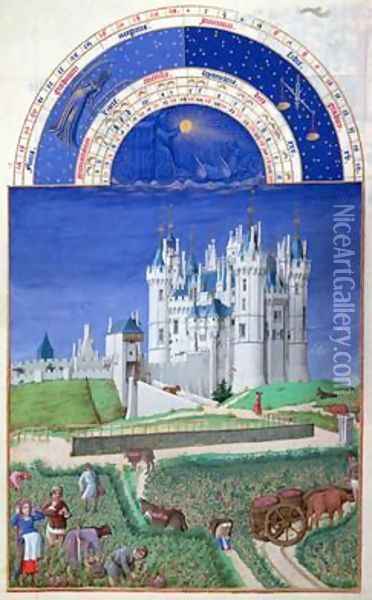 September harvesting grapes from the Tres Riches Heures du Duc de Berry Oil Painting - Pol de Limbourg