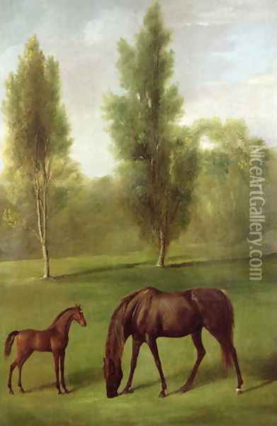 A Chestnut Mare and Foal in a Wooded Landscape, c.1761-63 Oil Painting - George Stubbs