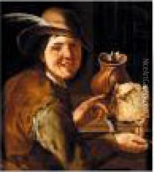 A Merry Smoker At A Table With A Large Cheese And An Earthenware Jug Oil Painting - Giacomo Francesco Cipper