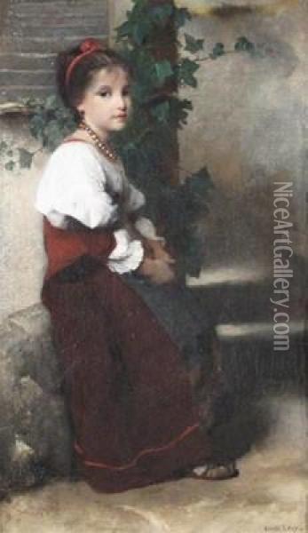 A Girl Seated On A Low Wall Oil Painting - Emile Levy
