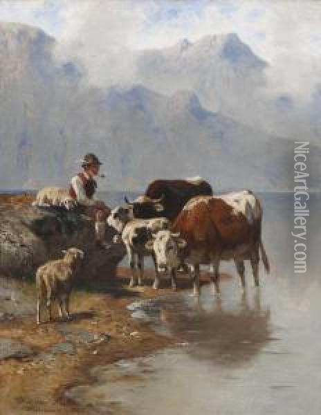 Hirtenjunge Mit Schafen Und Rindern Am Seeufer Oil Painting - Christian Friedrich Mali