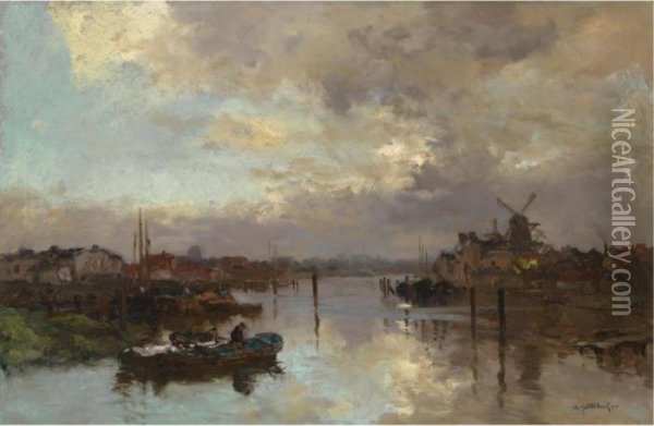 Sunset, Rotterdam Oil Painting - Johann Hendrik Van Mastenbroek