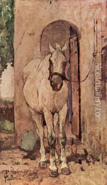 A white horse in front of a door Oil Painting - Giovanni Fattori