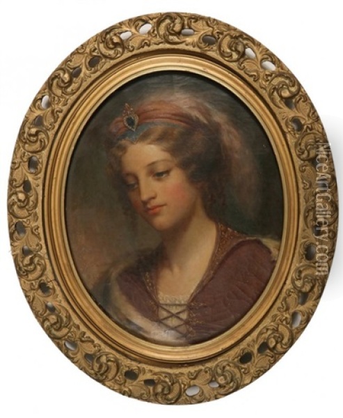 Oval Bust Portrait Of A Lovely Young Woman In Renaissance Costume Oil Painting - Cephas Giovanni Thompson
