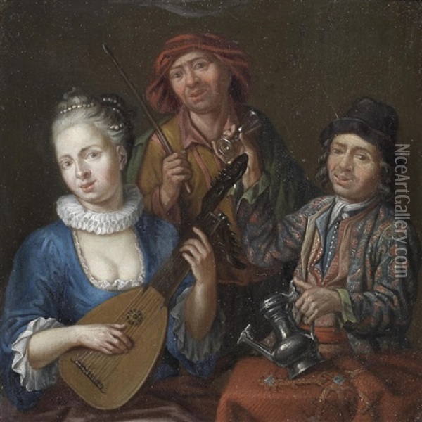 A Woman Playing A Lute, Seated At A Table With Others Drinking Oil Painting - Matthys Naiveu