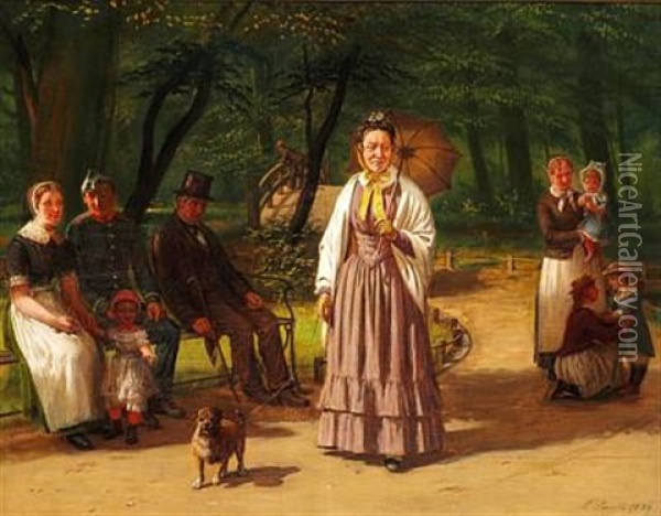 Copenhageners Relaxing In A Park (frederiksberg Have?) Oil Painting - Ludwig August Smith