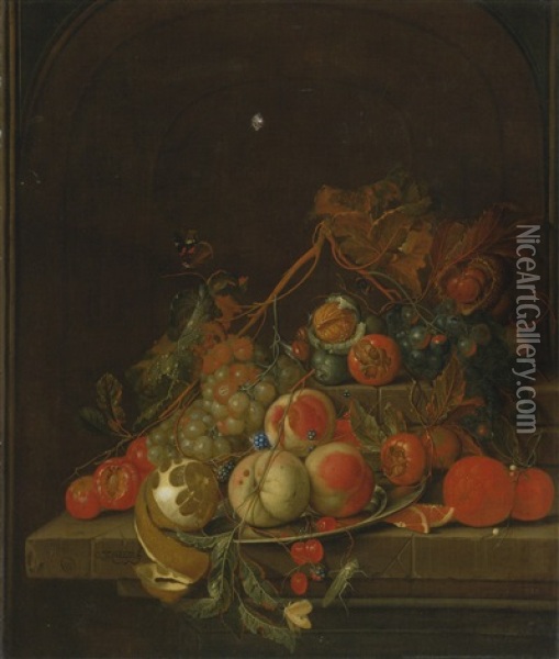 Still Life Of Peaches, Grapes, A Lemon, Oranges And Other Fruit On A Pewter Plate Resting On A Stone Ledge With Nuts, A Grasshopper And A Butterfly, All In A Niche Oil Painting - Cornelis De Heem