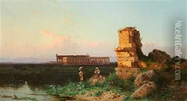 Et Hyrdepar Ved Ruinerne I Paestum Oil Painting - Alessandro la Volpe