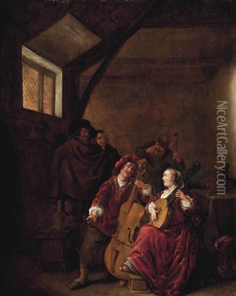 Elegant Company Making Music And Peasants Drinking In An Interior Oil Painting - Jan Miense Molenaer