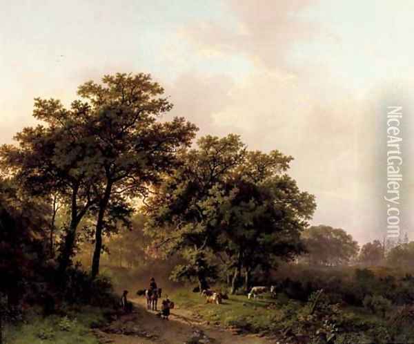 Travellers on a wooded path at sunrise Oil Painting - Barend Cornelis Koekkoek