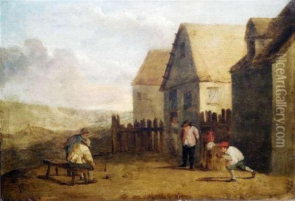 Bowling Peasants In Front Of An Country Inn. Oil Painting - David The Younger Teniers