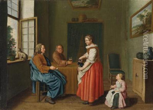 Interior With Two Men At A Table And A Maidserving Them Oil Painting - Jan Jozef, the Younger Horemans