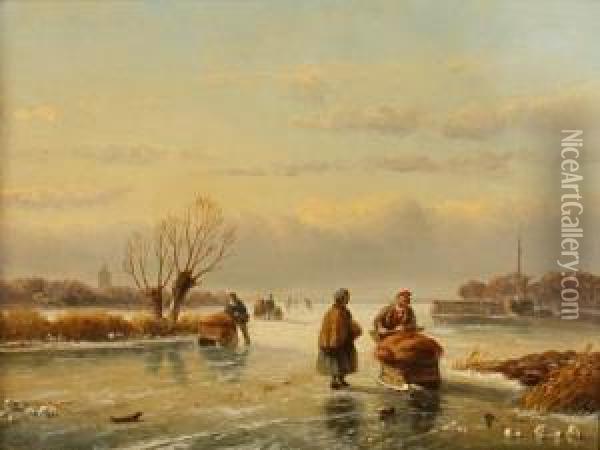 Figures On A Frozen Lake Oil Painting - Nicholas Jan Roosenboom