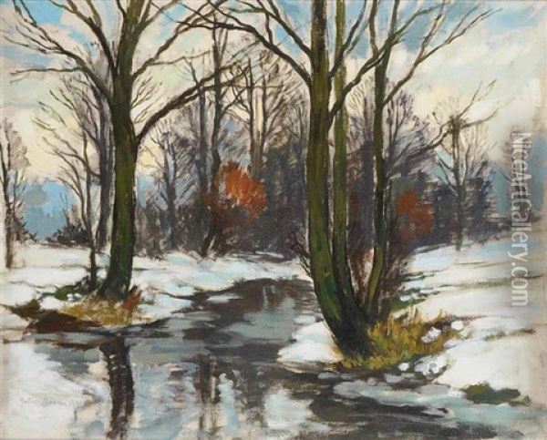 A Brook In Winter Oil Painting - Gustav Macoun