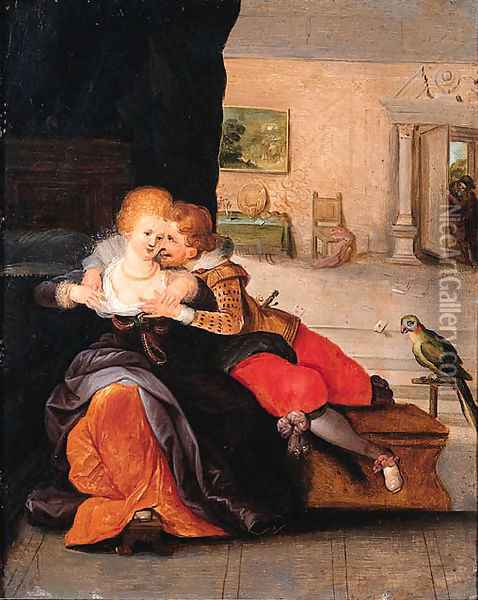 A couple embracing in an interior Oil Painting - Cornelis de Baellieur