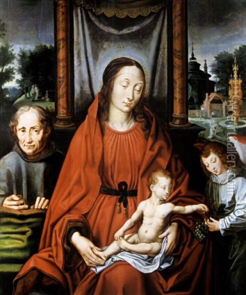 Die Heilige Familie Mit Einem Engel, Der Dem Jesuskind Eine Weintraube Reicht, Links Der Stifter Oil Painting - Joos Van Cleve