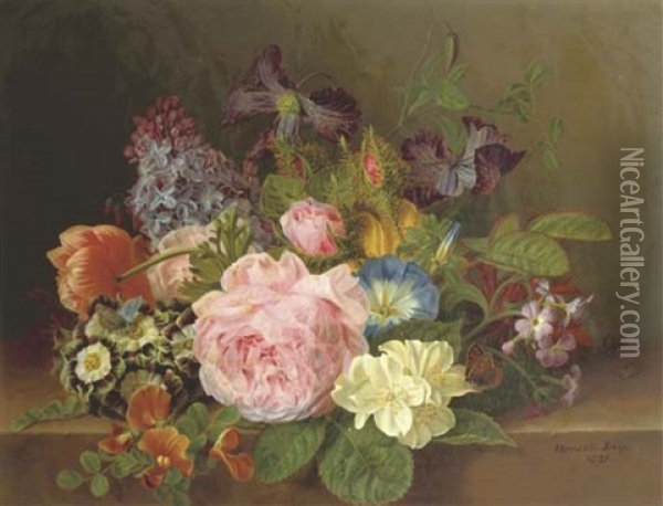 Mixed Flowers On A Ledge Oil Painting - Henriette Gertrude Knip