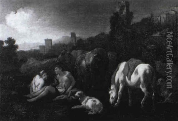 Rastendes Hirtenpaar Mit Vieh In Sudlicher Landschaft Oil Painting - Pieter van Bloemen